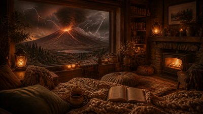 an erupting volcano with lightning strikes, dramatic wide composition, no text