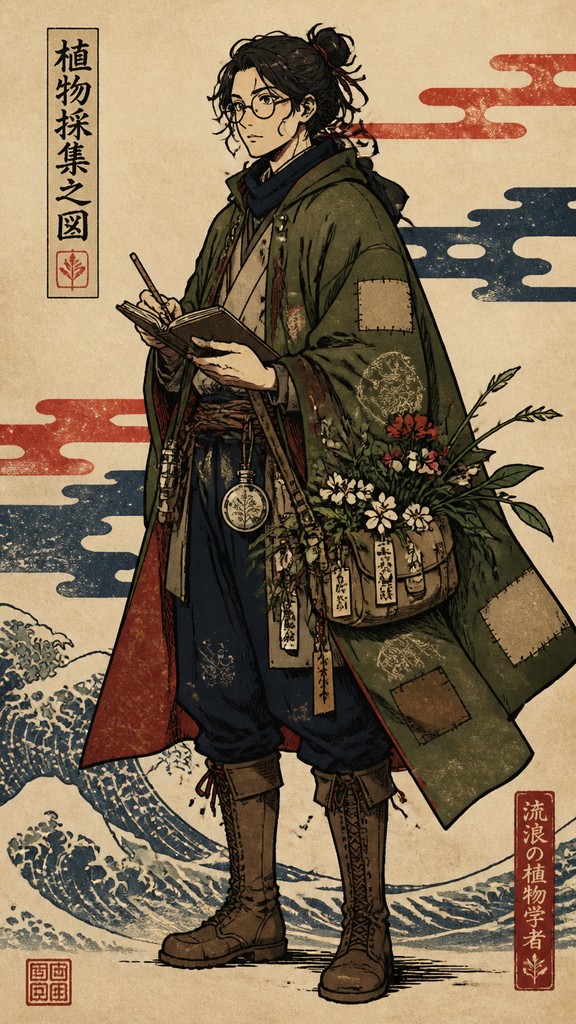 full-body original character: a wandering botanist with a satchel of plants, a patched green cloak, tall boots and round glasses, neutral background