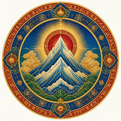 an emblem of a mountain peak inside a circle, simple bold shapes on a plain background, no text or lettering