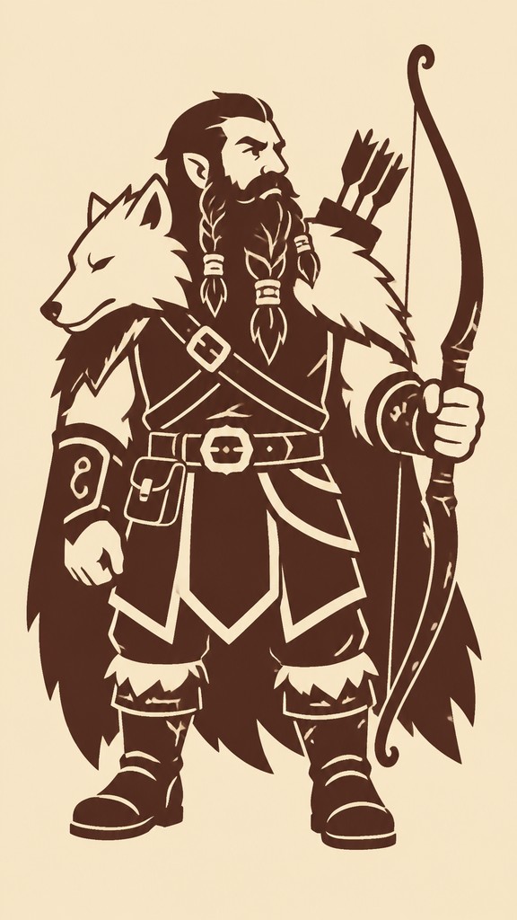 full-body original character: a dwarven ranger with a braided auburn beard, worn leather armor, a longbow and a wolf-pelt cloak, neutral background, no text