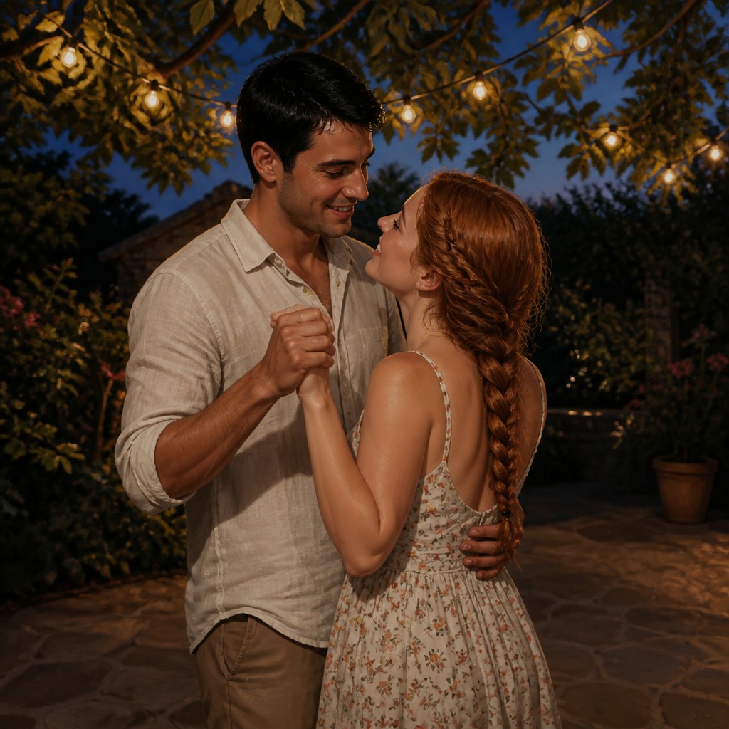 an original couple dancing under string lights in a garden at dusk: a man with short black hair in a linen shirt and a woman with braided red hair in a summer dress