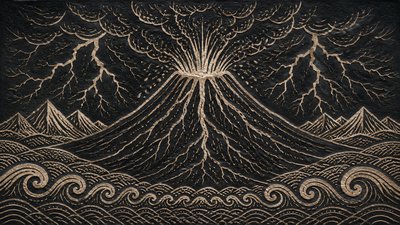 an erupting volcano with lightning strikes, dramatic wide composition, no text