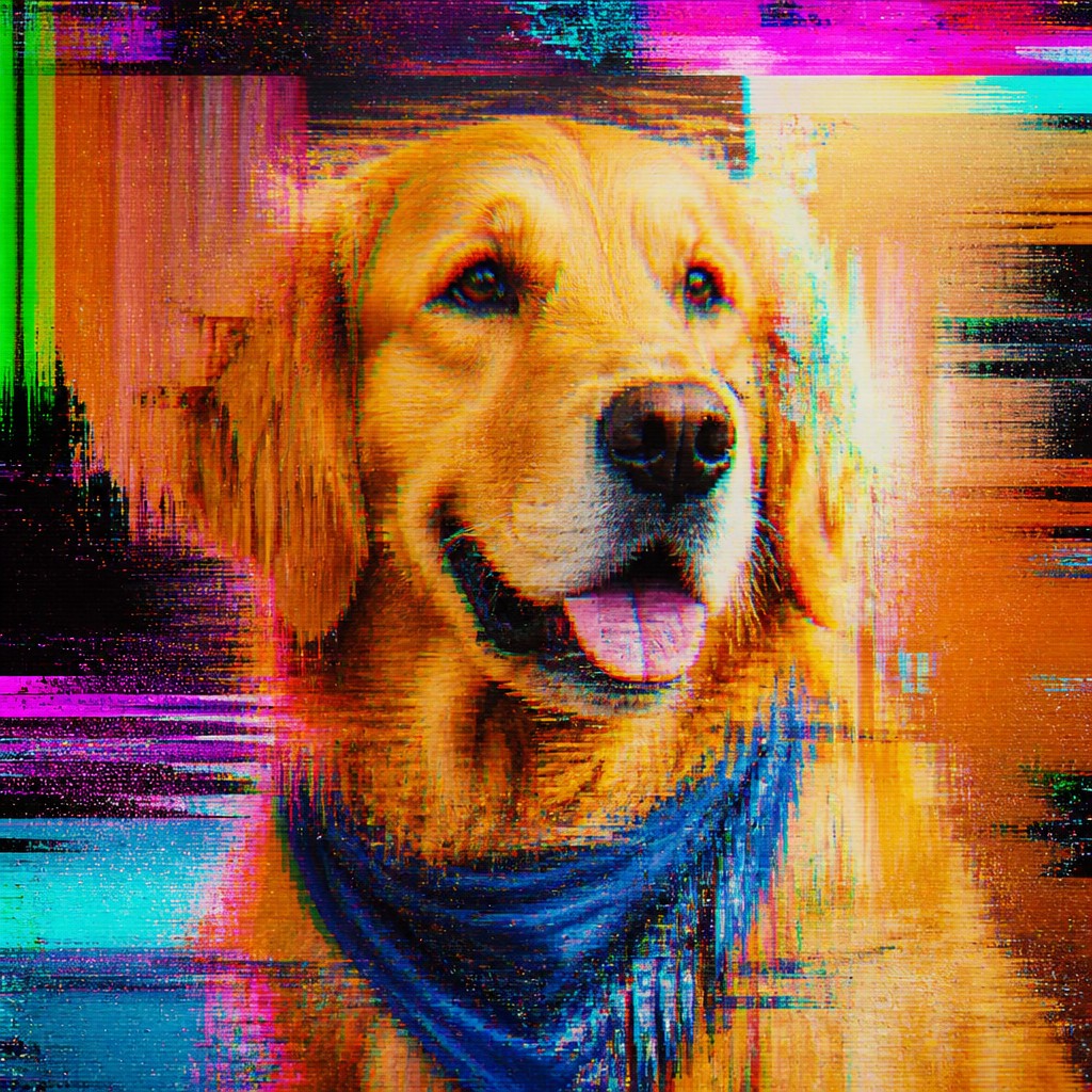 portrait of a golden retriever wearing a blue bandana, warm plain backdrop, no text
