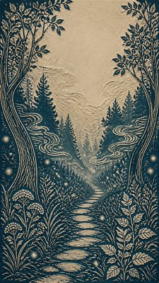 a mysterious forest path with fireflies and drifting mist, atmospheric vertical composition with open space at the top, no text