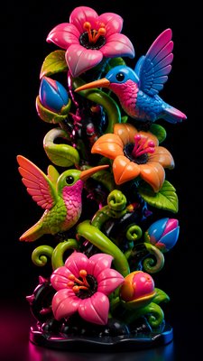 a climbing vine of flowers and hummingbirds on a dark background, tall wrapping composition, no text