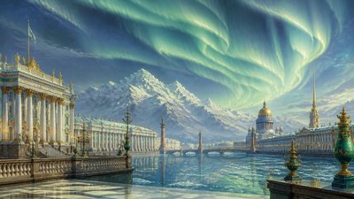 a flowing aurora over snowy peaks, wide sweeping composition, no people, no text