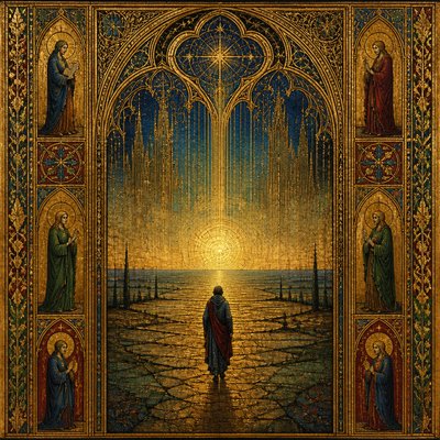 a solitary figure walking toward a glowing horizon across an empty plain, moody atmosphere, no text or lettering