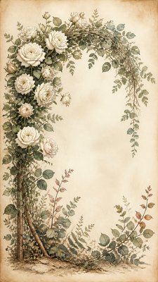 an arch of white roses and eucalyptus in soft morning light, elegant vertical composition with open space, no text