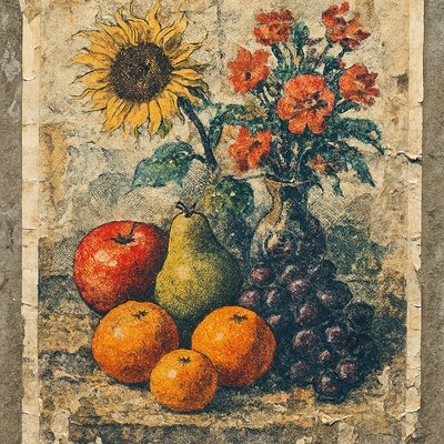 still life arrangement of fruits and flowers