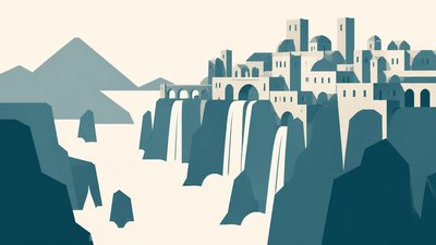 a cliffside city with waterfalls cascading into a misty canyon, wide establishing shot, no people, no text