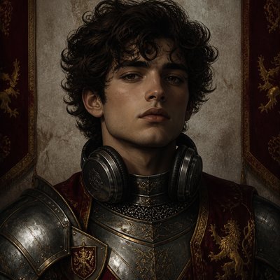 head-and-shoulders portrait of an original character: a young man with curly dark hair and headphones around his neck, plain backdrop, no text