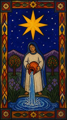 a robed figure pouring water beneath a large eight-pointed star in a night sky, symmetrical composition with an ornate decorative border, no text