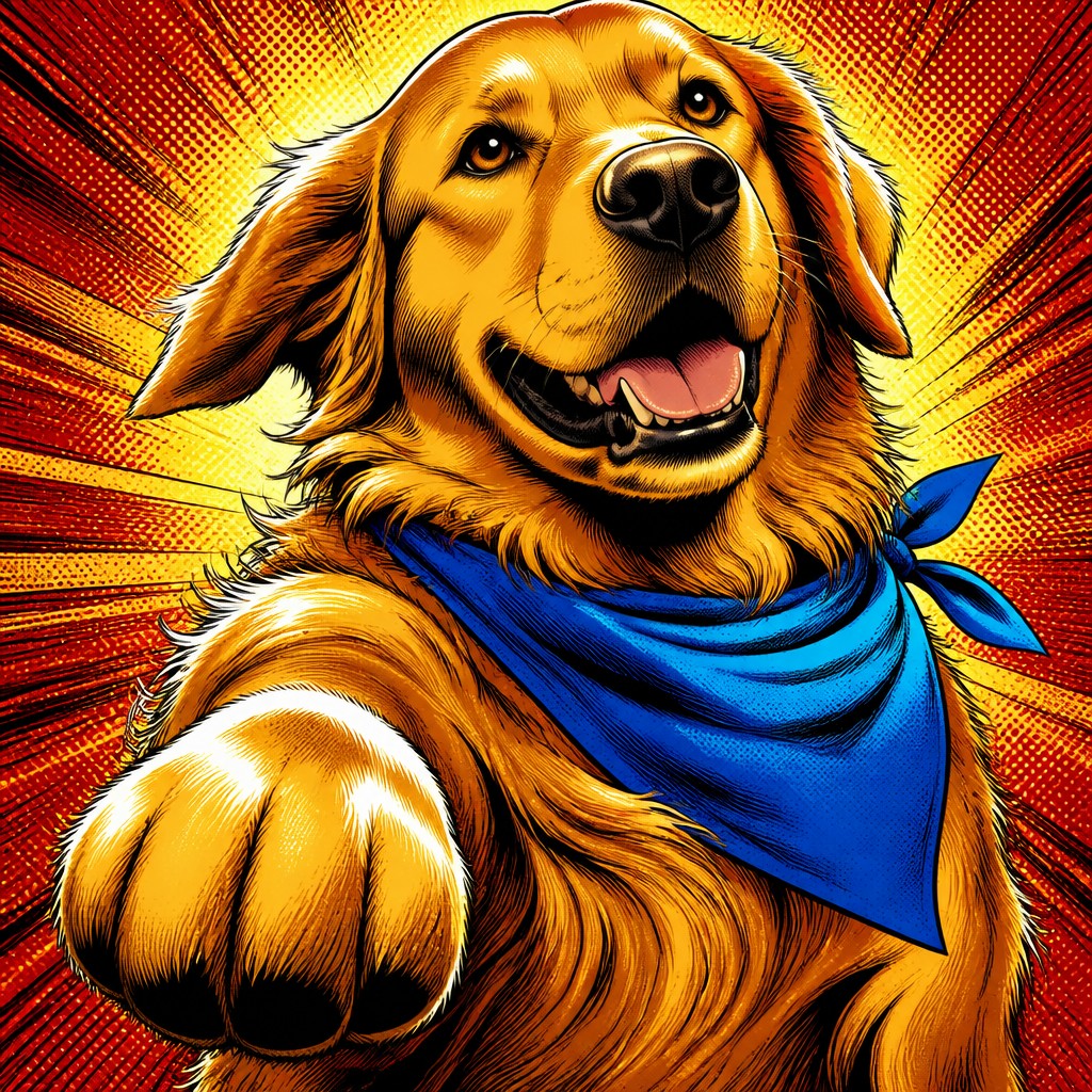 portrait of a golden retriever wearing a blue bandana, warm plain backdrop, no text