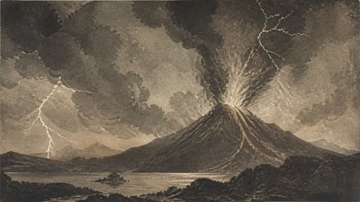 an erupting volcano with lightning strikes, dramatic wide composition, no text