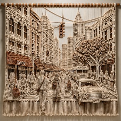 urban street with city activity — Macrame Art Style