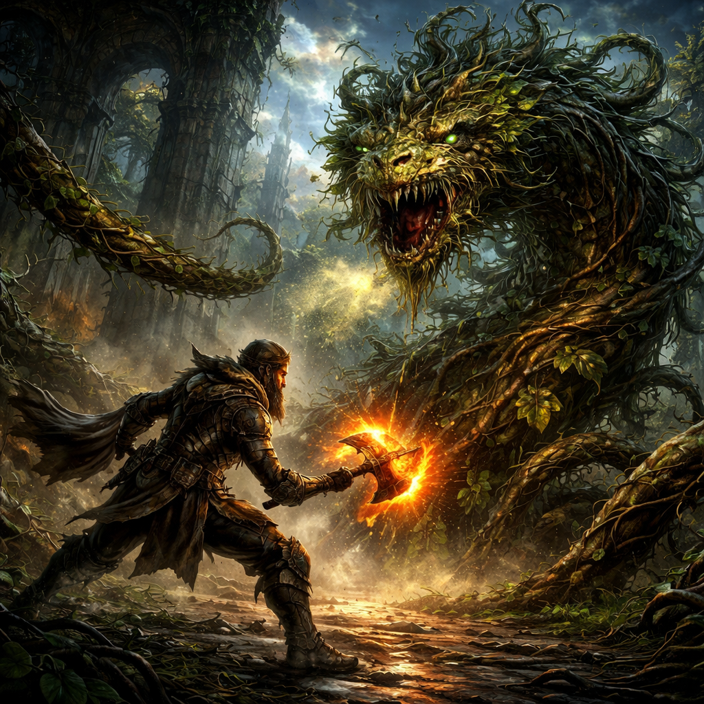 Epic Fantasy Illustration Style, Gritty Cinematic Concept Art, a dynamic, wide-angle action shot of a fierce battle amidst overgrown ancient ruins at twilight. A lone, hardened warrior clad in practical leather and partial plate armor is in a dynamic combat stance, dodging a massive vine strike. They wield a glowing, enchanted battleaxe that burns with orange fire, striking at the creature. The opponent is a colossal, serpentine Botanical Dragon construct made entirely of writhing, thick poison ivy vines, hairy root systems, and dense clusters of glossy, three-pointed leaves. The "dragon" rears up, its maw a tangled mass of thorns and dripping toxic sap, exhaling clouds of yellowish-green poisonous spores. Its eyes glow with a malevolent verdant light. The ground is treacherous swamp and broken stone. The lighting is dramatic and moody, highlighting the oily sheen of the poisonous leaves and the fire of the warrior's weapon. High detail on the plant textures.