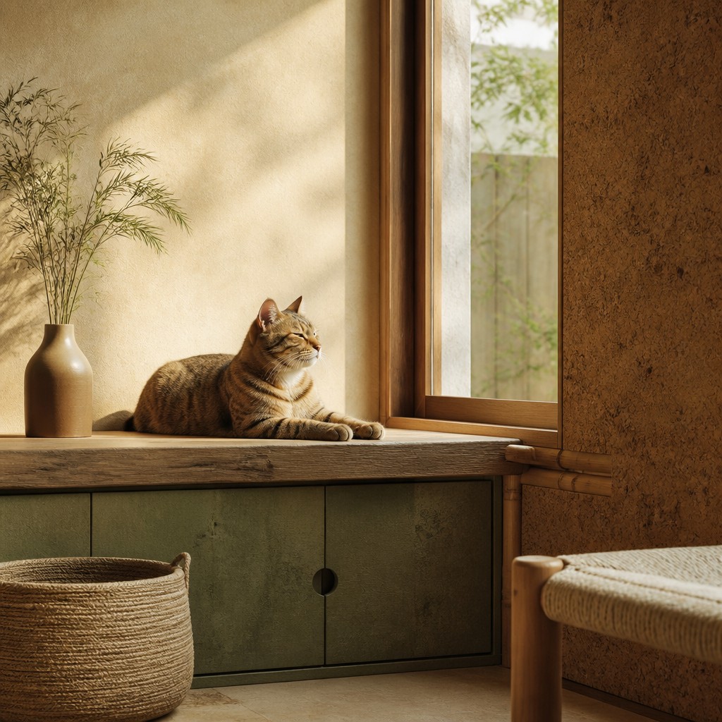 a cat lounging in a sunlit window