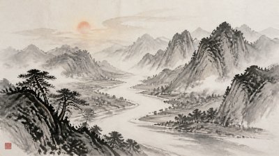 a vast valley with a river winding toward distant mountains at sunrise, no people, no text