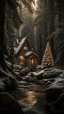 a snow-covered cottage with warm glowing windows beside a decorated pine tree, gentle snowfall, no text