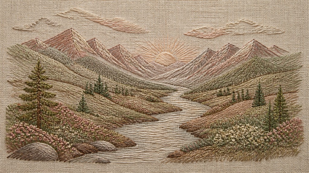 a vast valley with a river winding toward distant mountains at sunrise, no people, no text