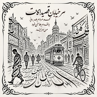 urban street with city activity — Calligraphy Art Style