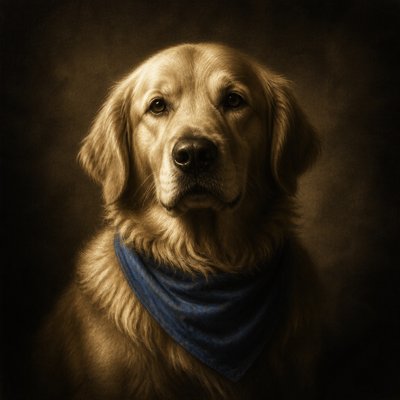 portrait of a golden retriever wearing a blue bandana, warm plain backdrop, no text