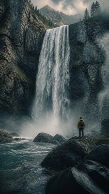 towering waterfall cascading down a cliff