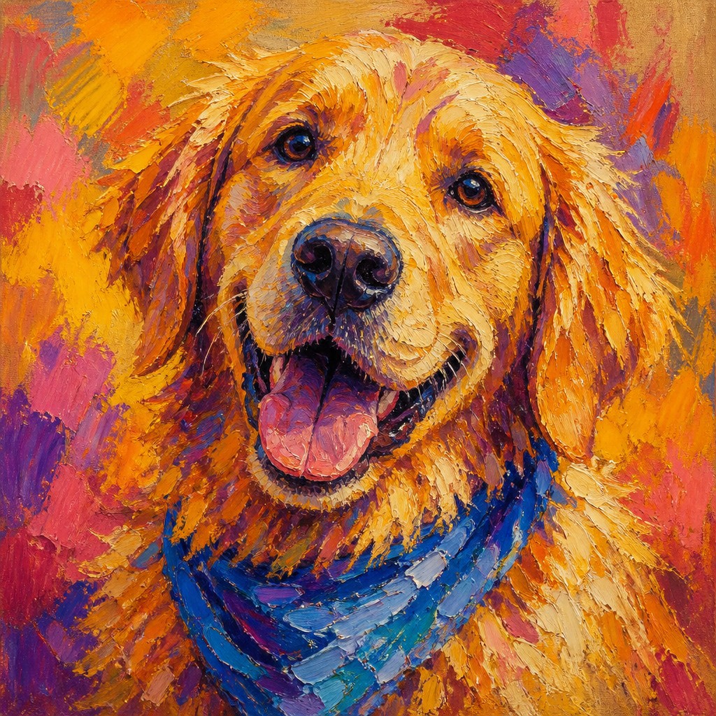 portrait of a golden retriever wearing a blue bandana, warm plain backdrop, no text