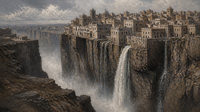 a cliffside city with waterfalls cascading into a misty canyon, wide establishing shot, no people, no text