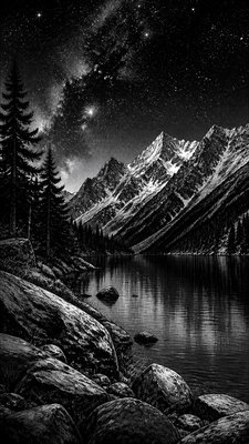 a tranquil mountain lake beneath a starry night sky, no people, no text