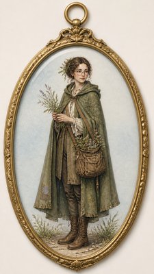 full-body original character: a wandering botanist with a satchel of plants, a patched green cloak, tall boots and round glasses, neutral background