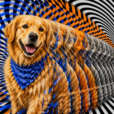 portrait of a golden retriever wearing a blue bandana, warm plain backdrop, no text