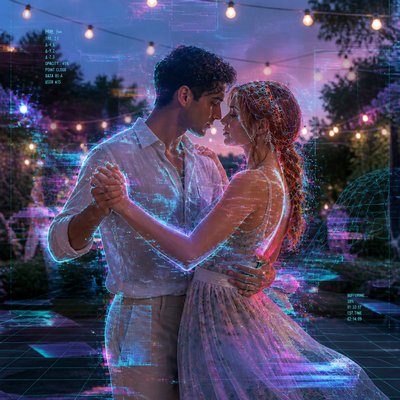 an original couple dancing under string lights in a garden at dusk: a man with short black hair in a linen shirt and a woman with braided red hair in a summer dress