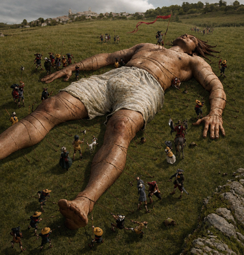 a large body laying on top of a lush green field