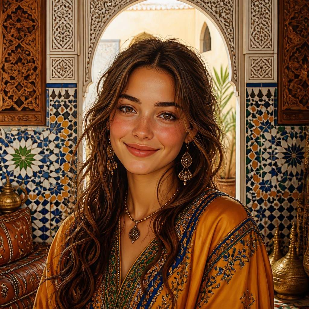 head-and-shoulders portrait of an original character: a young woman with wavy chestnut hair and a warm smile, plain soft backdrop