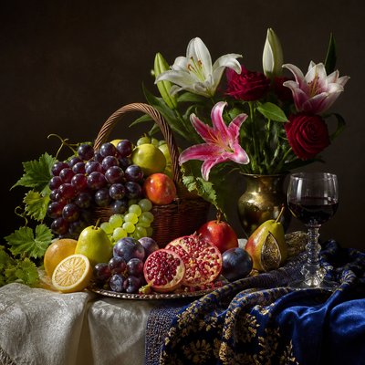 still life arrangement of fruits and flowers