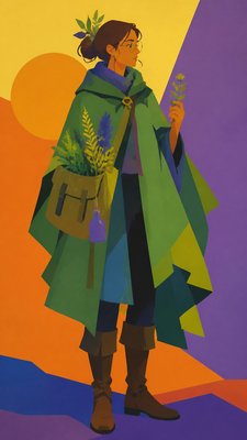 full-body original character: a wandering botanist with a satchel of plants, a patched green cloak, tall boots and round glasses, neutral background