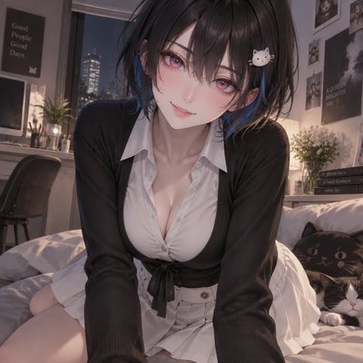 a girl wearing white shirt and a black blouse and a white skirt matching her shirt, she have magenta eyes, black hairs with deep blue highlight,Balanced figure with E-cup bust size, have a soft smile on her face as cute that can melt heart, hairstyle short hairs, her height 5-6,her weight:46 kg,have a cat shaped hairclip on her hair,