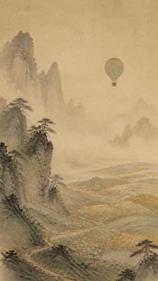 a hot air balloon drifting over rolling flower fields on a sunny day, cheerful, no text