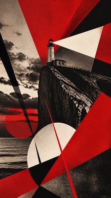 a lone lighthouse on a cliff at dusk under a dramatic sky, no text or lettering