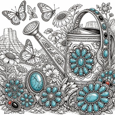 a garden scene with butterflies, flowers and a watering can, clean uncolored line art, no text