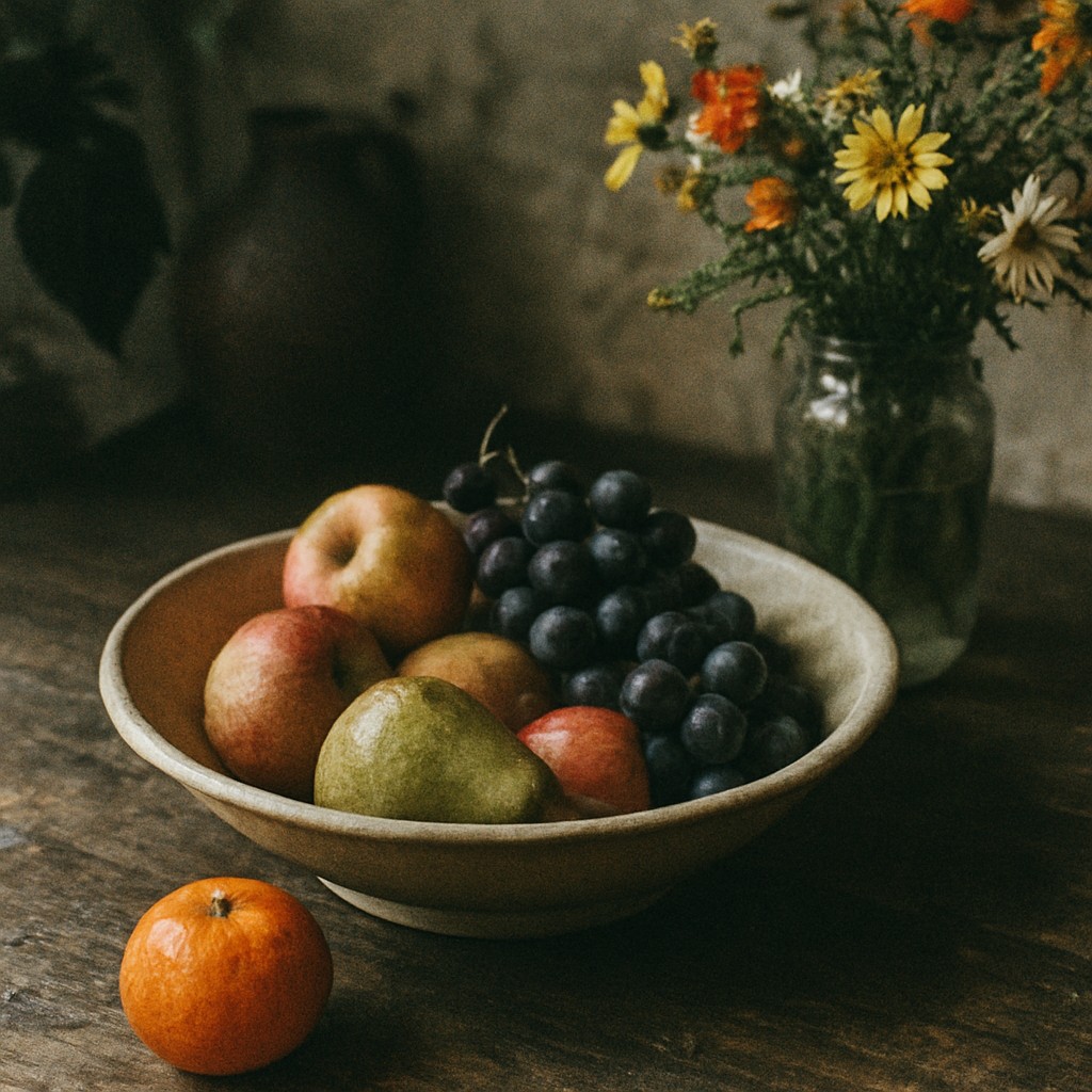 still life arrangement of fruits and flowers