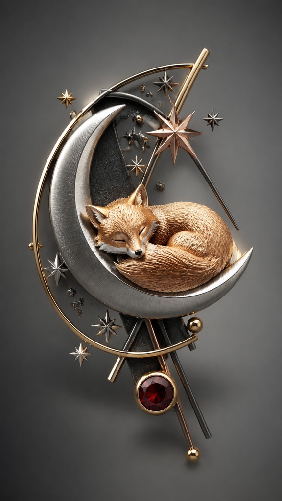 a sleeping baby fox curled on a crescent moon among soft stars, gentle and warm, no text