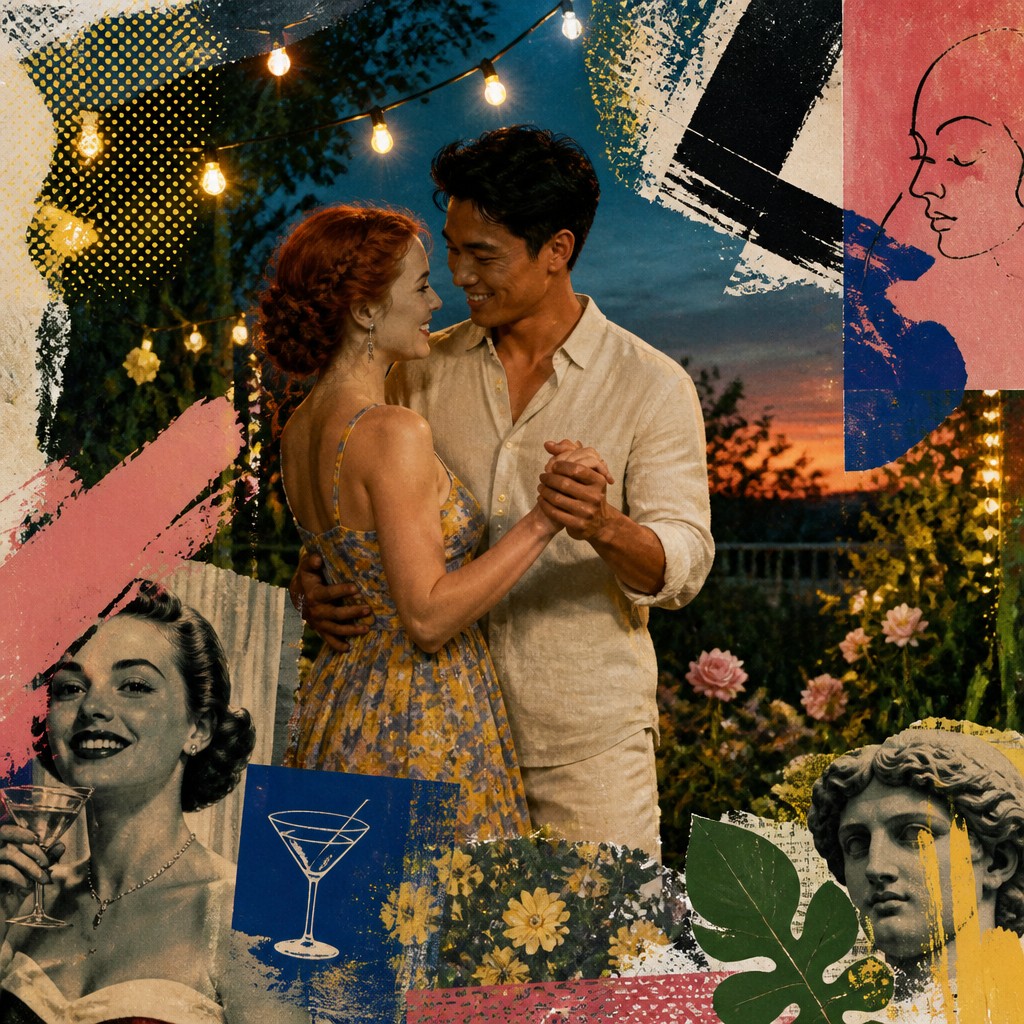 an original couple dancing under string lights in a garden at dusk: a man with short black hair in a linen shirt and a woman with braided red hair in a summer dress