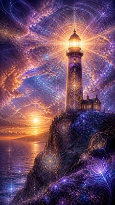 a lone lighthouse on a cliff at dusk under a dramatic sky, no text or lettering