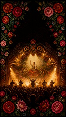 a live music scene with a glowing stage and silhouetted crowd, energetic vertical composition with open space at the top, no text
