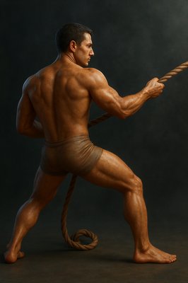 a man with no shirt holding a rope
