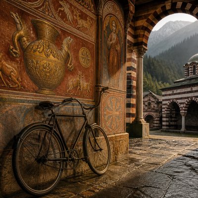 bicyle resting against a wall — Bulgarian Art Style