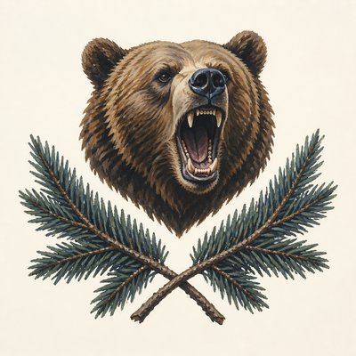 a roaring bear head above crossed pine branches, bold graphic composition on a plain background, no text