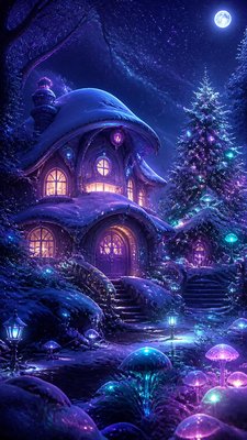 a snow-covered cottage with warm glowing windows beside a decorated pine tree, gentle snowfall, no text
